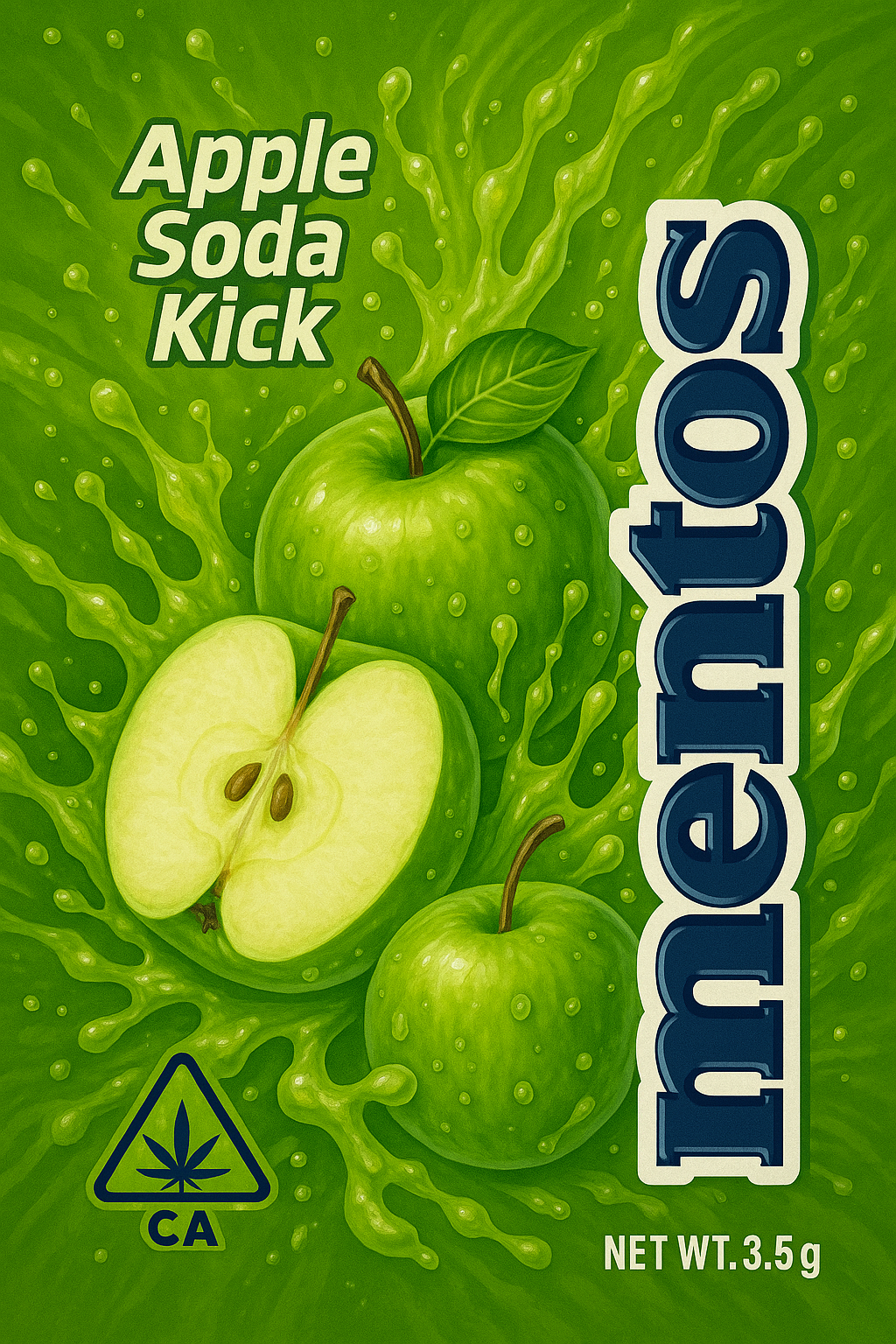 Mentos Apple Soda Kick candy package with green apples and a cannabis leaf symbol on a green background.